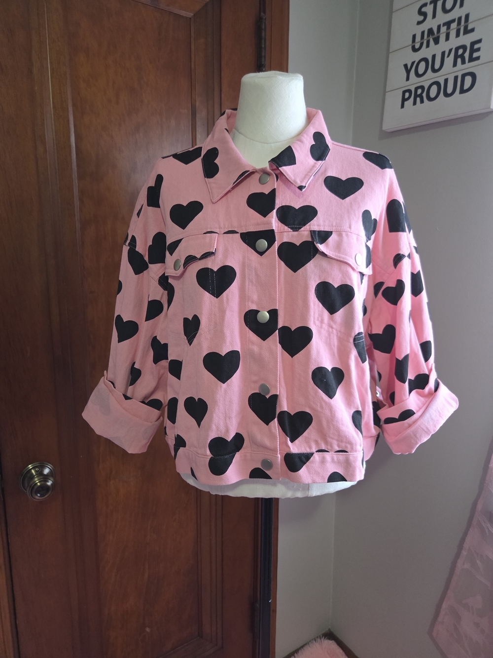 Pink Heart-Print Denim Jacket